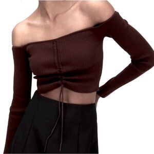 New ZARA brown ribbed off-the-shoulder crop top